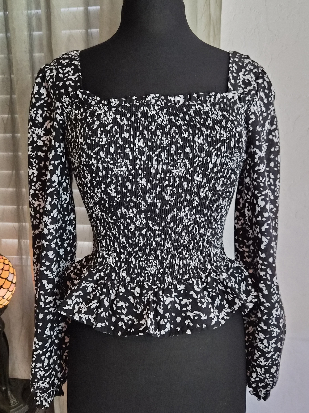Crystal Doll Black and White Smocked Peplum Blouse #0267